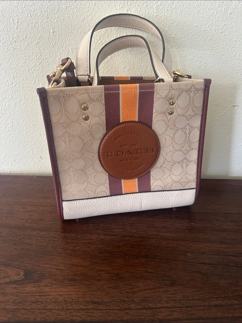 Coach Small Signature Tote with Burgundy & Orange Stripe Accents